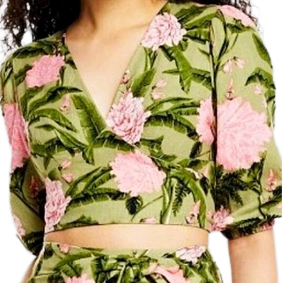 Agua Bendita Peony Print Linen-Blend Tie Wrap Crop Top Green Pink M Floral Wrap - Picture 1 of 10